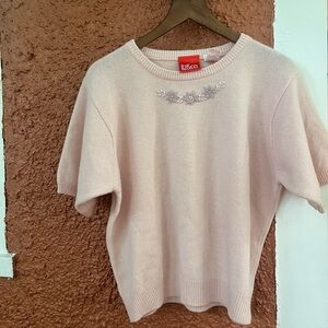 Women’s Liz &Co Lambswool Blend Short Sleeve Sweater Snowflake Pink Size Large